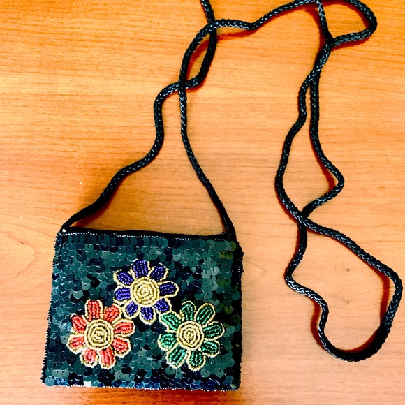 Handbags - Cute little black card coin purse shiny black beadings long cross body strap